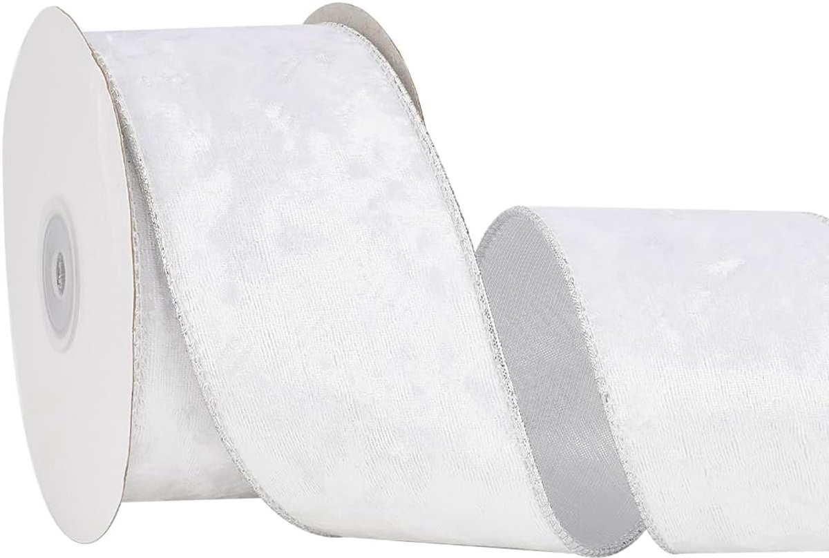 9,14 m wit en goudkleurige fluwelen lint bedrade rol enkelzijdige naaistof met glanzende trim rugspoel zijdeachtige vintage linten voor kerstdecoratie, geschenkverpakking, krans,