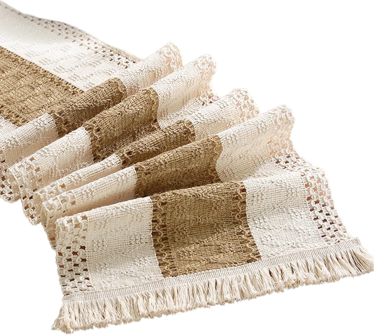 Katoenen linnen tafelloper in landelijke stijl, rechthoekig, eenvoudige beige en bruine combinatie, boerderij tafeldecoratie voor op het tafelblad, vintage kwastjes tafeldecoratie voor keuken