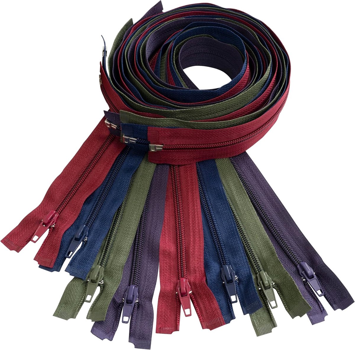 - Set van 8 spiraalritsen N°5 80 cm deelbaar met schuiver - van metaal nylon polyester - Kleur: Donkerblauw, Aubergine, Bordeauxrood Licht Militair Groen