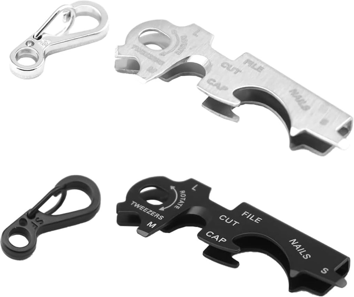 2 stuks multitool sleutelhanger, camping EDC-zakgereedschap, 8 gereedschappen in 1 sleutelhanger, inclusief flesopener voor vijl, nagelreiniger, draadknipper en pincet (zilver en zwart)
