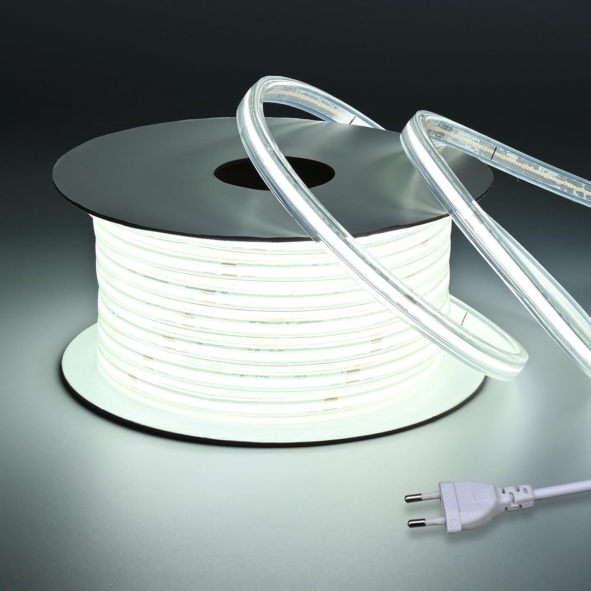 220V COB LED Strip Light Buiten Waterdicht IP67 20M, 6000K Koel Wit Ledstrip 200W 480LEDs/M CRI 90+, Flexibel Sneebaar, Met Gelijkrichter, voor Slaapkamer Tuin Commercieel Huis