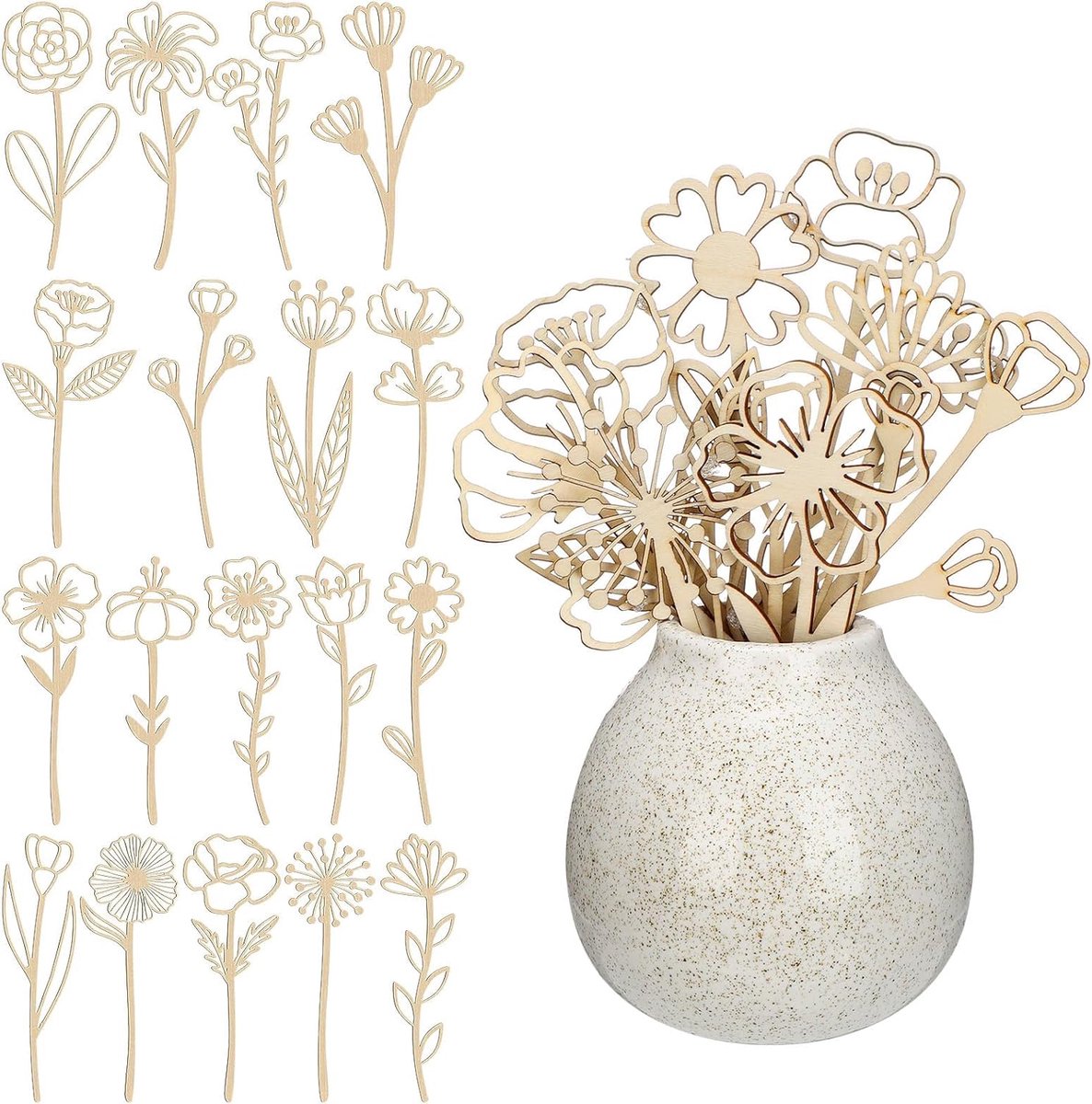 Set van 18 decoratieve houten bloemen voor woningdecoratie, natuurlijke houten bloemen voor woonkamer, tafeldecoratie en vensterbank, Scandinavische houten decoratie in boho-stijl