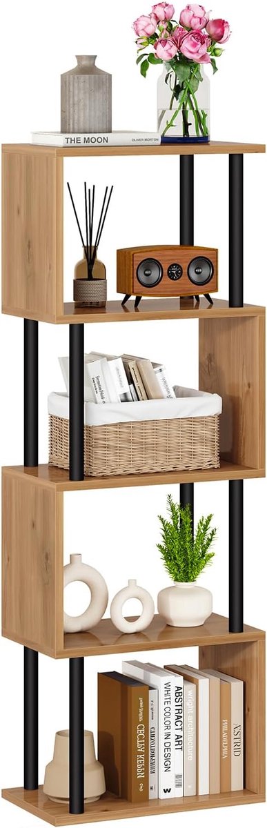 5-Tier hoge boekenplank,S-vormige geometrische boekenkast, eiken WBC015K | Houten Display Planken met Opslag Industriële Decoratieve Opslag Rekken voor Woonkamer Slaapkamer Home Office