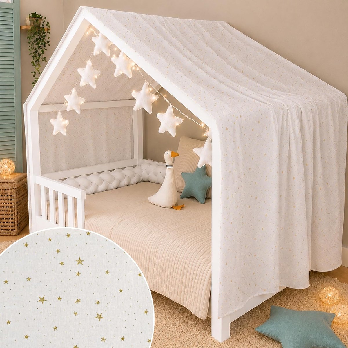 Bedhoes voor cabines 90 x 190 of 90 x 200 cm, 100% katoenen mousseline, met slinger (witte slinger, 130 x 400 cm)