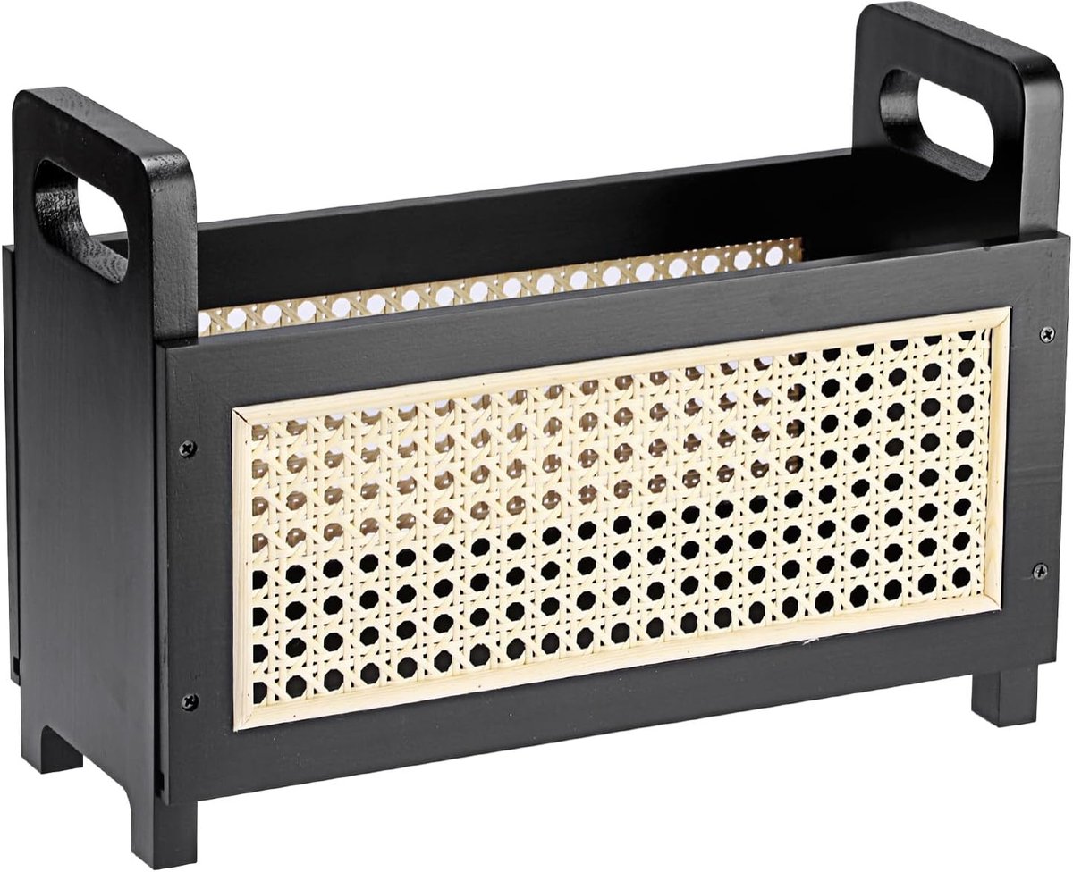 Houten tijdschriftenhouder, bestandsopbergmand met handvat, desktoptijdschriftenrek, krantenpost, organizer voor thuiskantoor, wachtkamer, woonkamer (zwart)