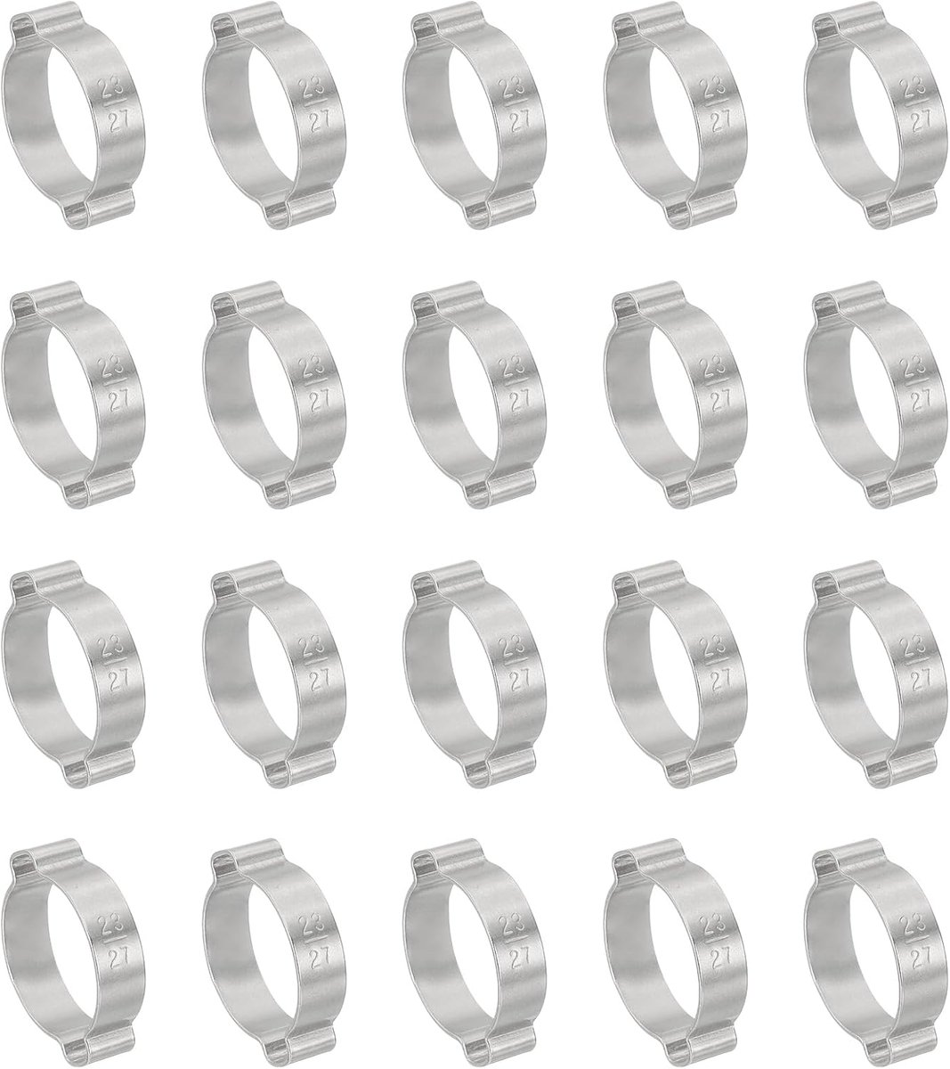 20 stuks 23-27 mm dubbele oorslangklem, 304 roestvrijstalen O-clip krimpringen voor brandstofbenzine pijpbuismontageverbindingen, zilverkleurig
