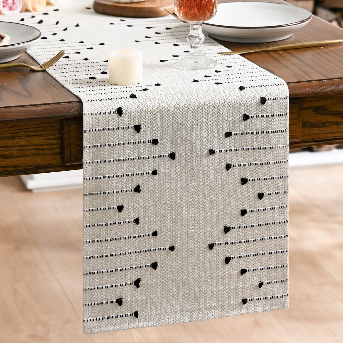 Mode Tafelloper in rustieke boho-stijl, zwart, 30 x 183 cm, tafeldecoratie voor vakantie, keuken, huis, feest