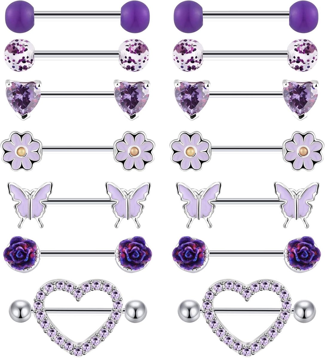 7 paar tepelpiercingset 14G roestvrij staal rechte barbells staafjes schild ring piercing lichaamssieraad 14MM