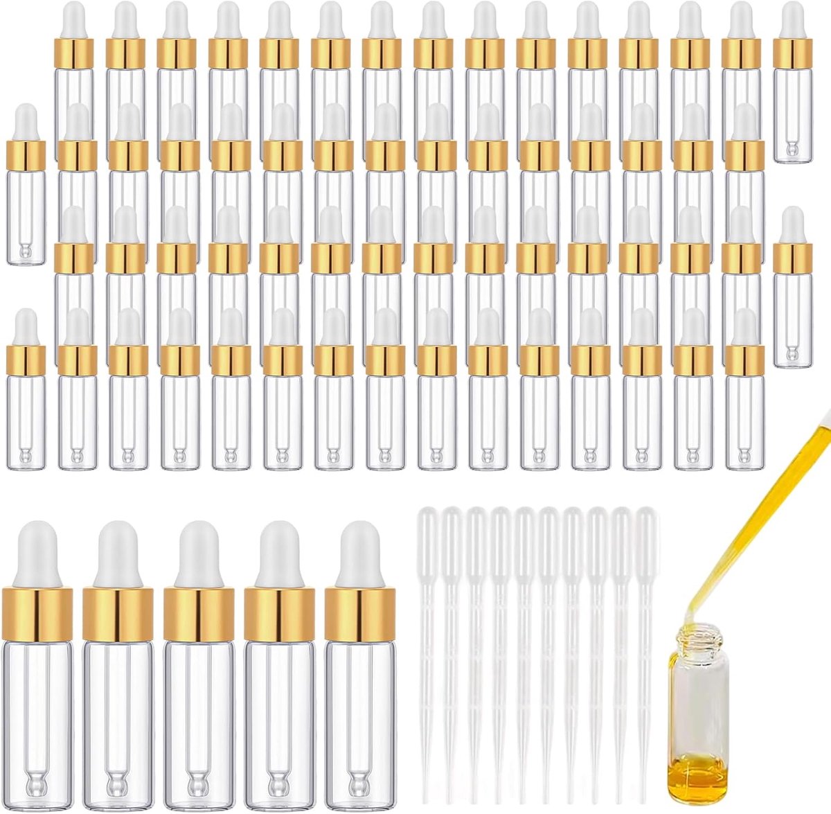 60 stuks mini-druppelflesjes 5 ml met pipetten, transparant, kleine druppelflessen voor etherische oliën, aromatherapie, vloeibare parfumextracten, vloeibare kleurstoffen