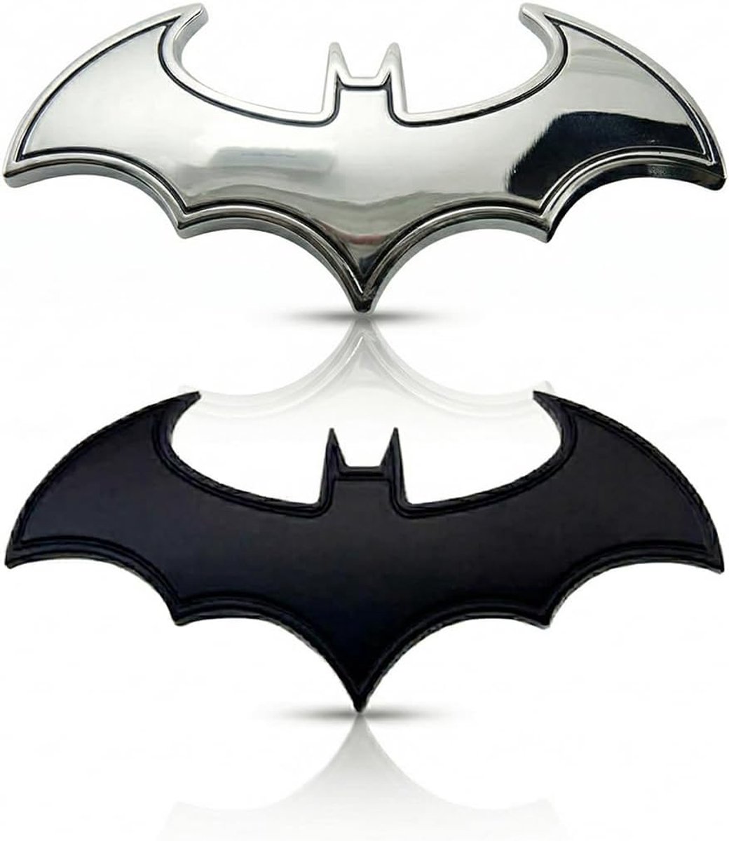 2 stuks 3D roestvrijstalen Batmobil-embleem, kunststof met schuimrubberen achterkant, chroom metalen auto-logo-sticker, vleermuis-embleem (chroom)