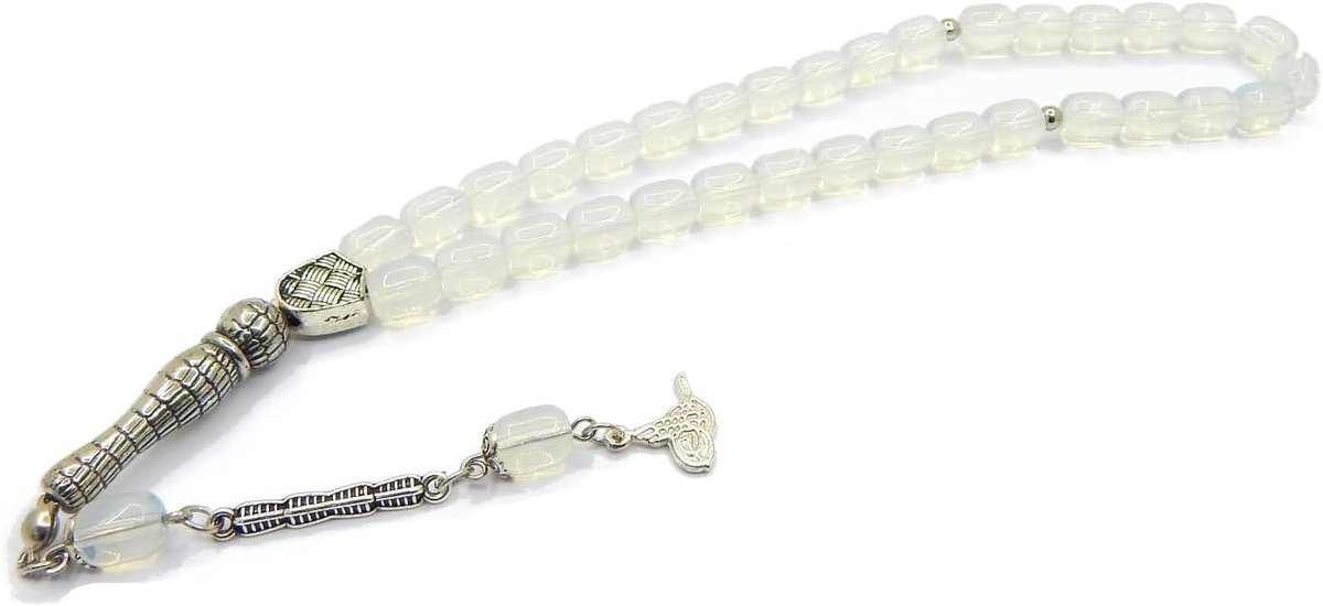 Tesbih Tasbih Tespih Misbaha Subha 33, vatvorm moslim islamitische halfedelsteen maansteen parels rozenkrans gebedskralen aanbiddingsaccessoires