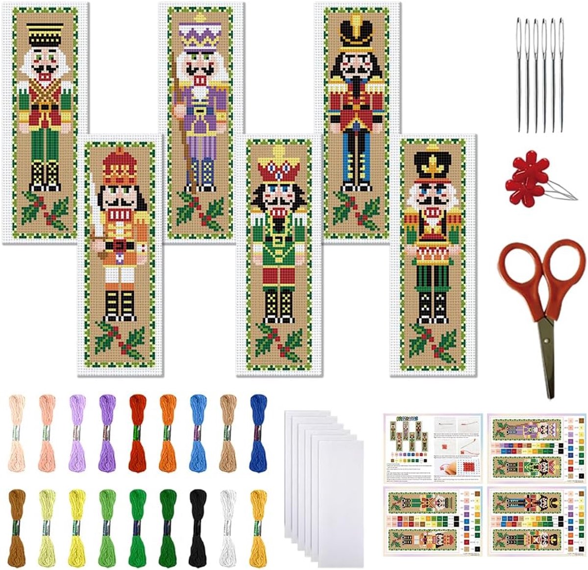 6 stuks Kerstmis Kruissteek Bladwijzer Kit voor Volwassen Beginners Notenkraker Patroon Gestempeld Borduurwerk Bladwijzer Kit met Instructies DIY Bladwijzers Kits voor Kerstmis 8 "x 2.4"