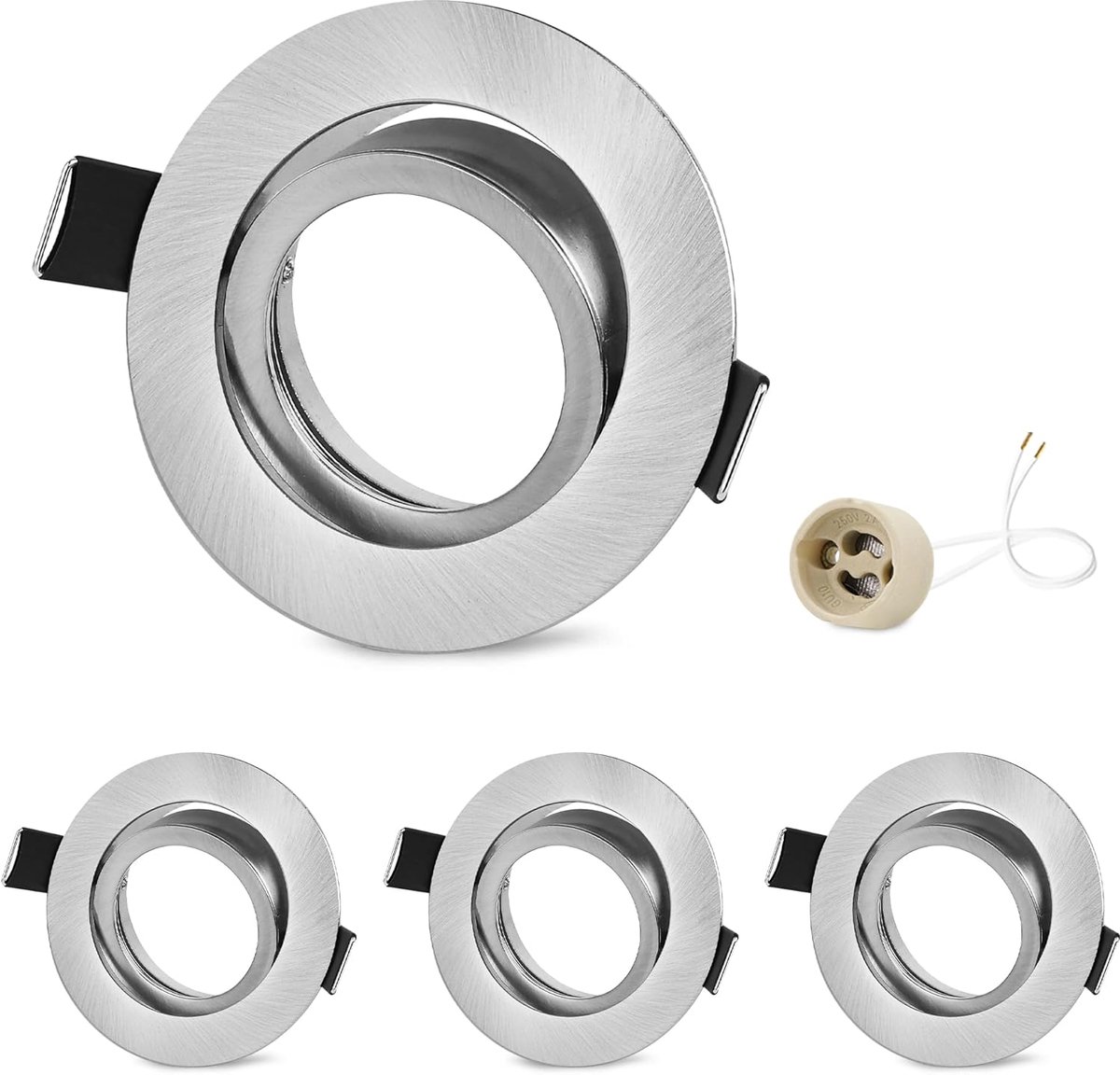 Inbouwspots, frame GU10, aluminium, draaibaar, geborsteld Nikkel, inbouwspots, spot, rond, gatdiameter 65-75 mm, inbouwspot voor halogeen MR16, incl. GU10-fitting voor 230V, 4 stuks