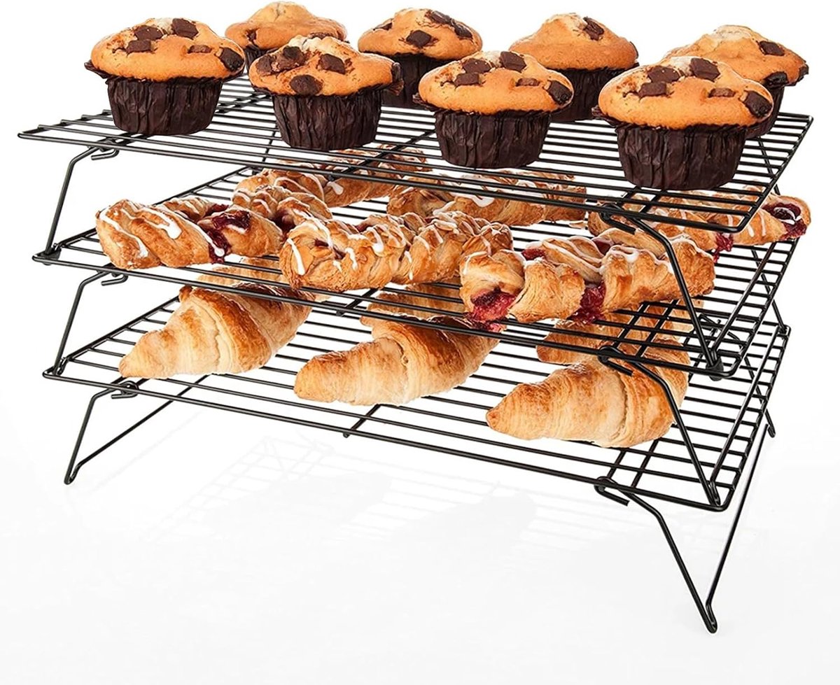 3-traps koelrek, grillrek met antiaanbaklaag, bakaccessoires voor muffins, pizza, cupcakes en grillen, compatibel met bakvormen uit de oven.