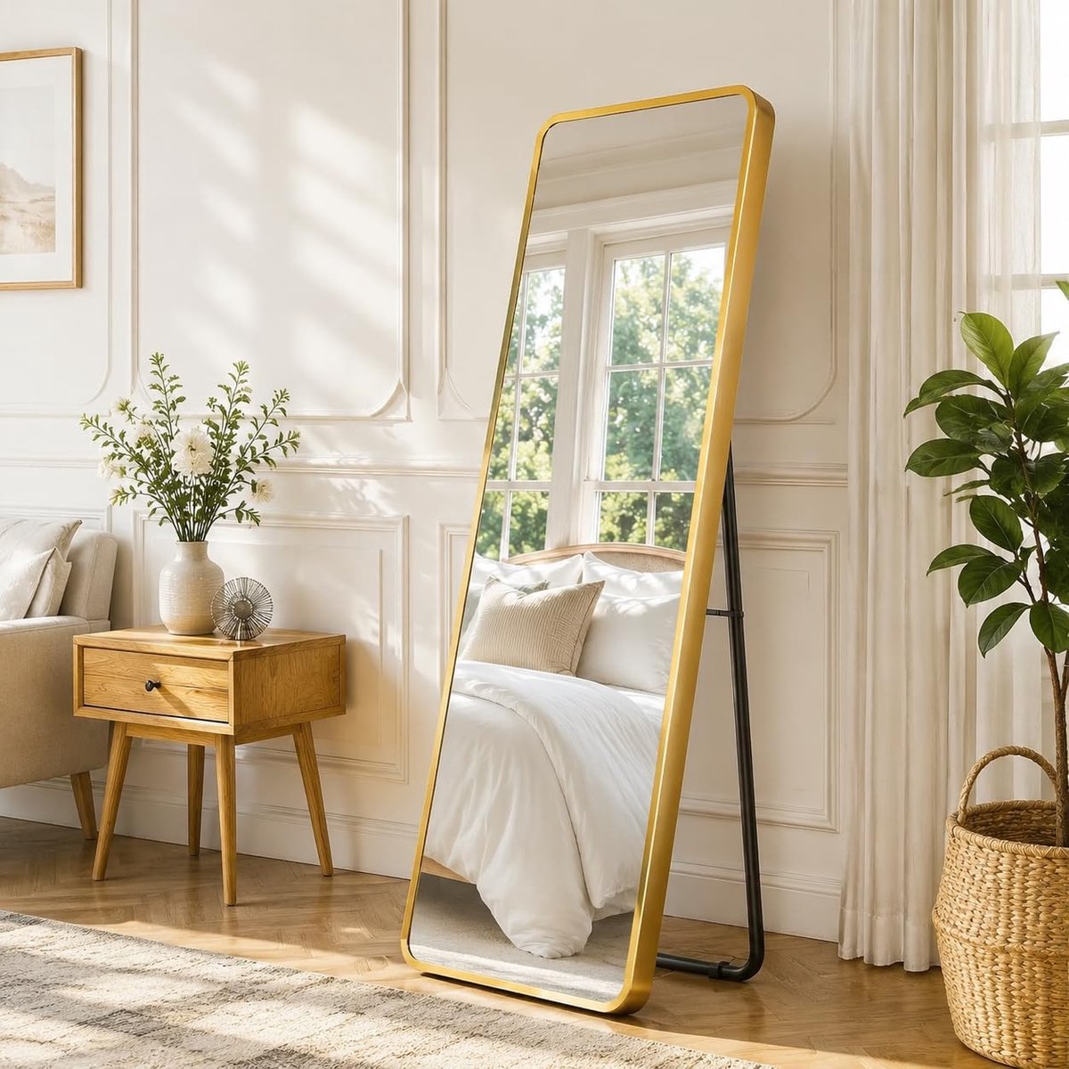 Premium Staande Spiegel, 162 x 50 cm, grote Wandspiegel met 3 cm dik frame van aluminium en vaste achterwand, decoratieve spiegel voor woonkamer, slaapkamer, badkamer, Rond Goud
