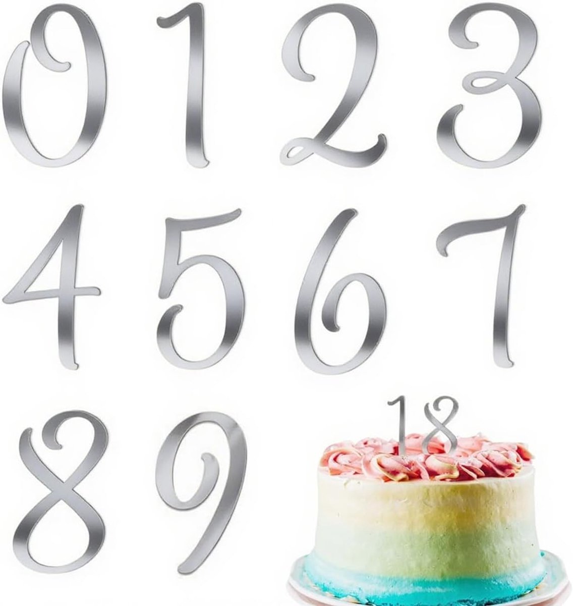 10 stuks taartdecoraties voor verjaardag, topper, getal 0 tot 9, decoratie voor taart, getal van acryl, voor taartdecoratie, cake, verjaardag, bruiloft, jubileum, zilver