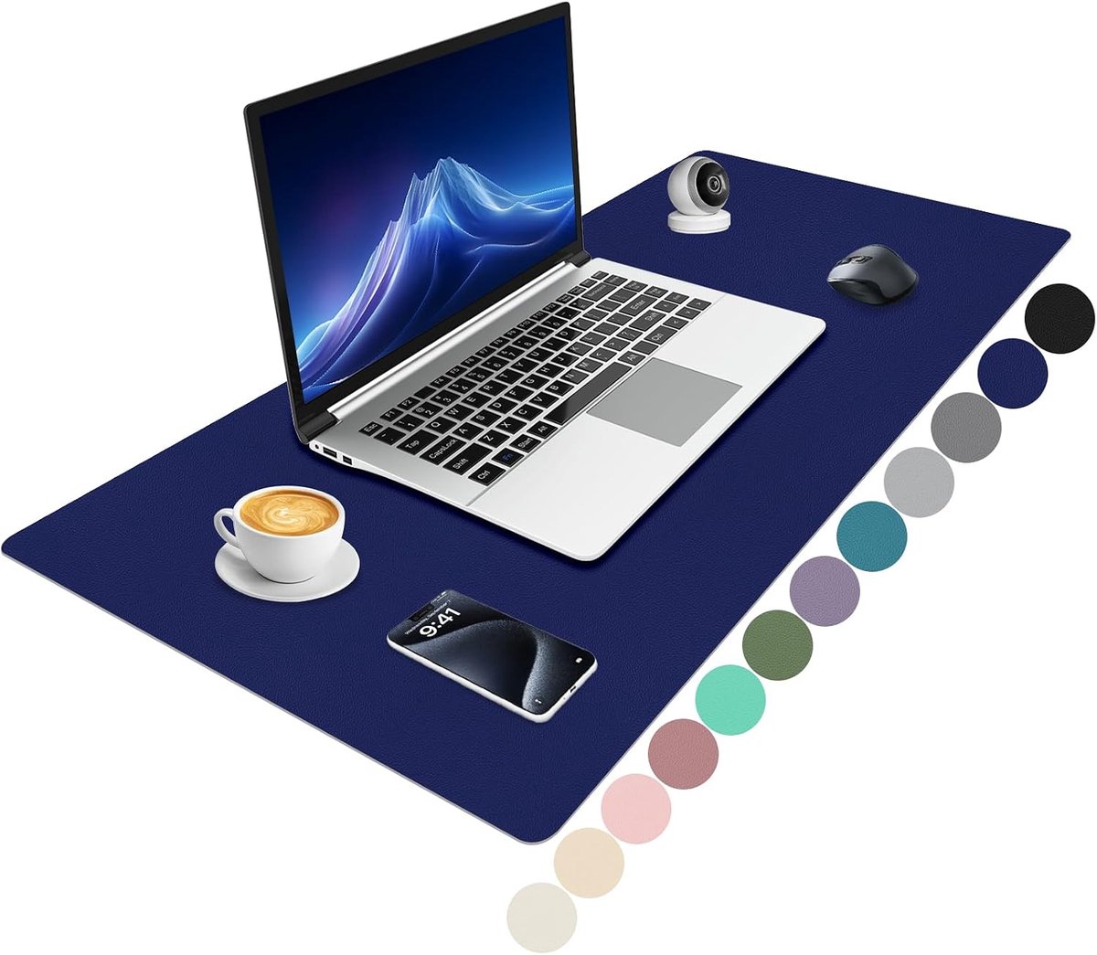 Bureauonderlegger, XXL, muismat, organizer, bureaumat, antislip, PU-leer, waterdichte tafelonderlegger, kantoor-muismat voor kantoor, thuis en laptop, 90 x 43 cm, donkerblauw