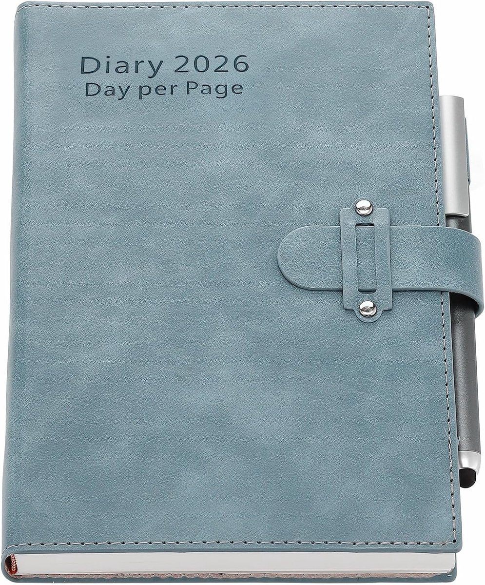 Agenda 2026, dag per pagina, A5, januari 2026 tot december 2026, één pagina per dag, hardcover organizer met pen, stickers, blauw, A5