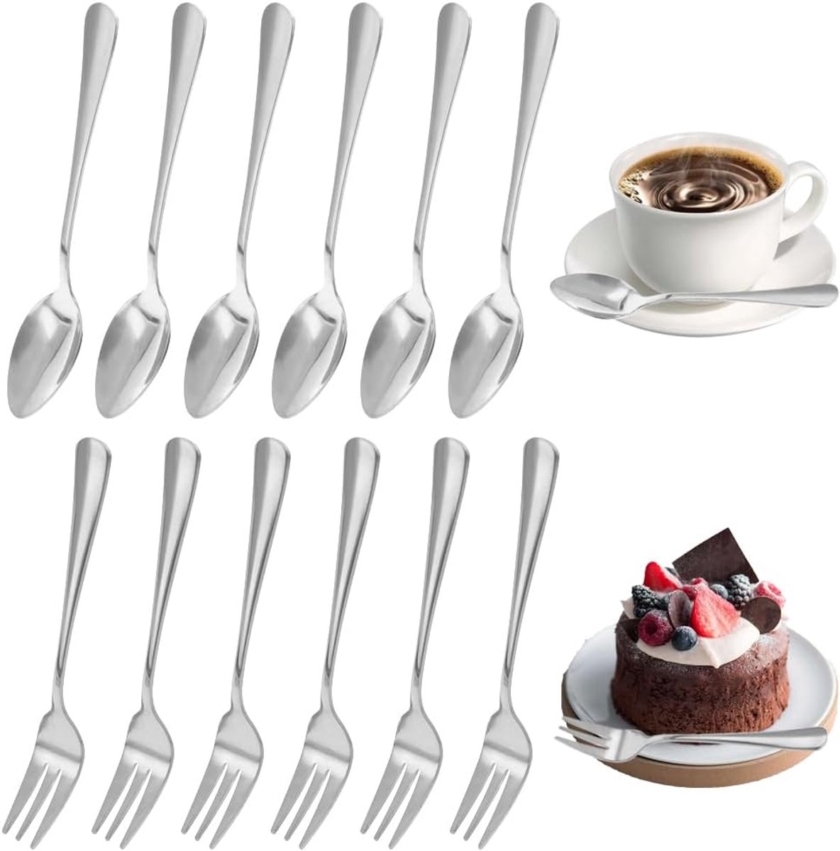 Dessertvorken en -lepels van roestvrij staal, tafellepels en tafelvorken, zilverkleurig, vaatwasmachinebestendig (12 vorken + 12 lepels)