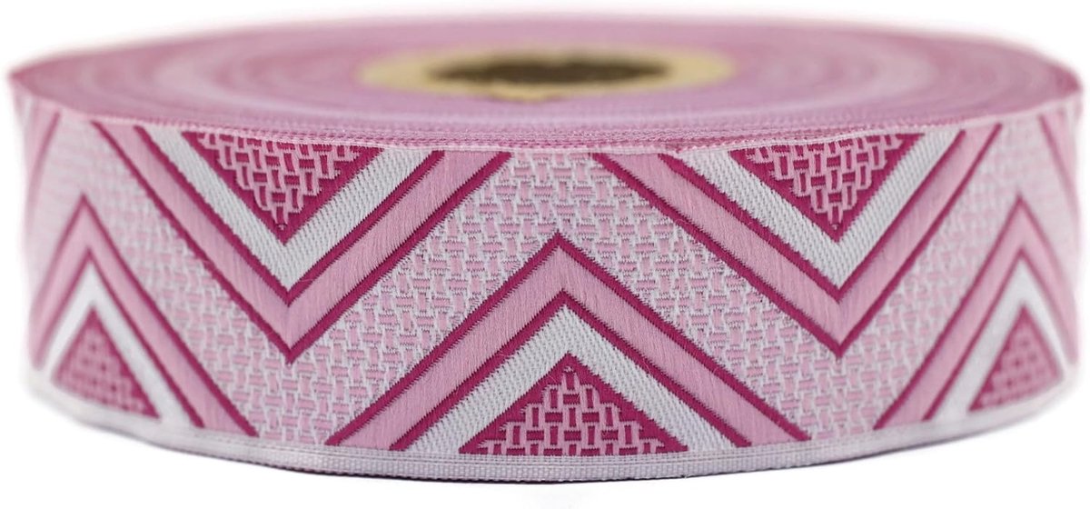 Jacquard lint geweven roze en wit chevron 10 m x 25 mm - rollen borduurlint voor naaien decoratie 25706-V1