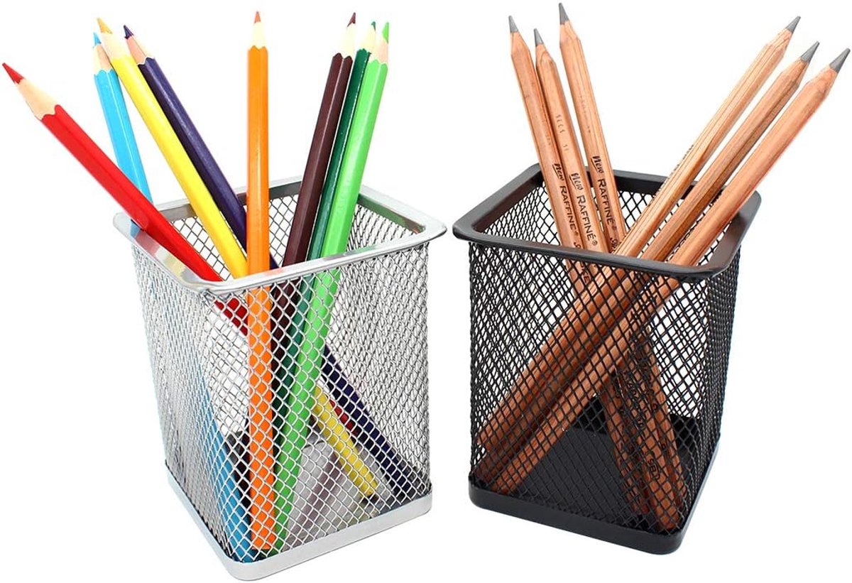 Square bureaubladpotloodhouder, bureaubenodigdheden, organizer, make-uppenseelhouder, set van 2 Zwart + Zilver