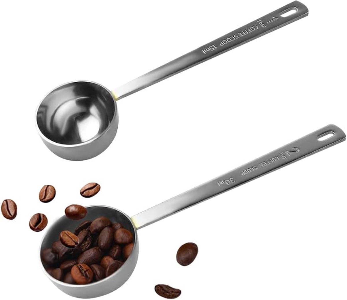 Koffie Scoop, RVS Koffie Lepels Set, 1 eetlepel (15ml) en 2 eetlepels (30ml) maatlepel, eetlepel maatlepel voor koffie, melkpoeder, fruitpoeder, 2 Pack (lang)