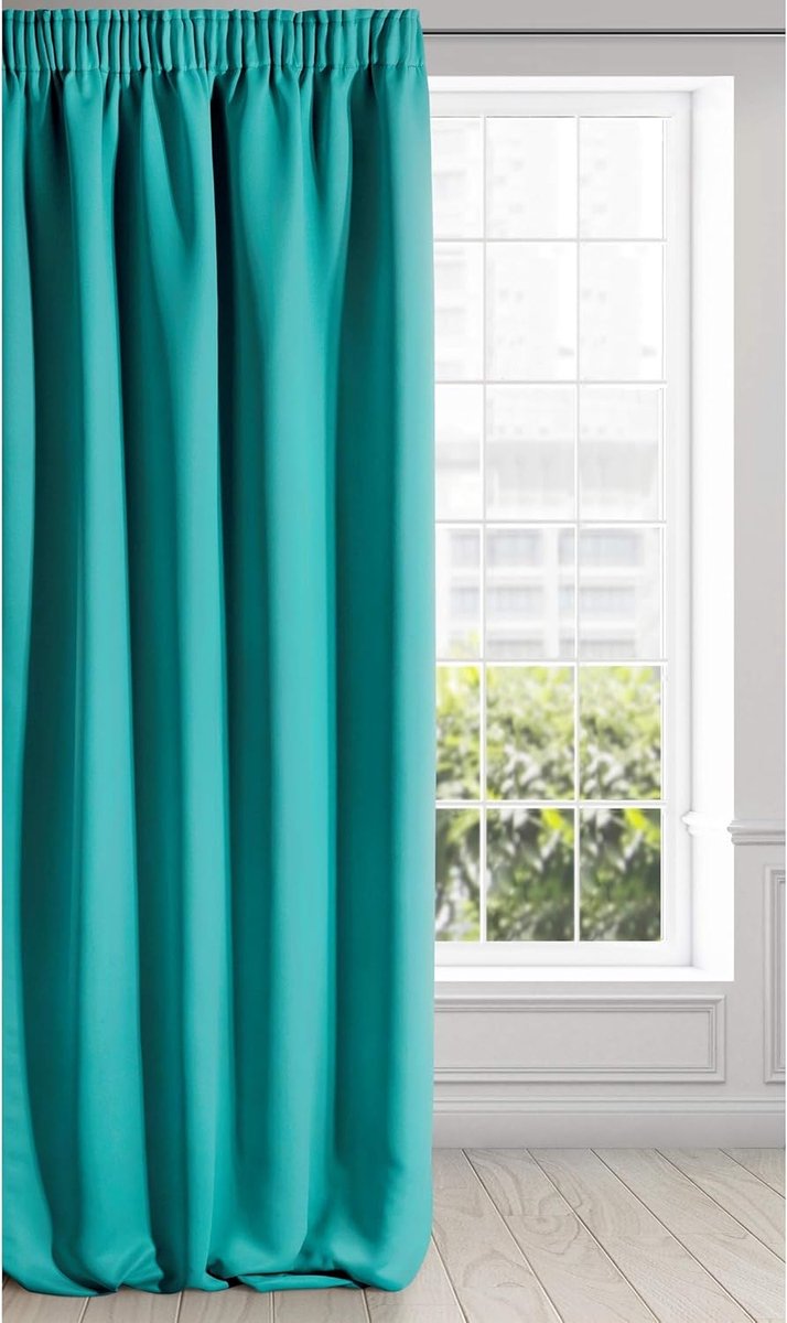 Logan Gordijn Ondoorzichtig, Blackout, Satijn Verduisteringsgordijn met Krulband 1 Stuk. Elegant, Glad, Effen kleur, Woonkamer, Slaapkamer, Turquoise, 135x270 cm