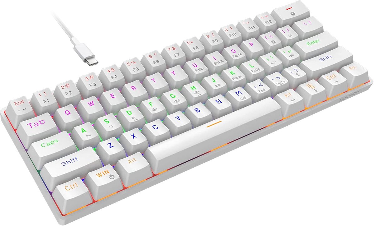 Bedraad mechanisch gamingtoetsenbord, 60% grootte, 61 toetsen, RGB-achtergrondverlichting, ultracompact, blauwe toetsen, twee pootjes, wit