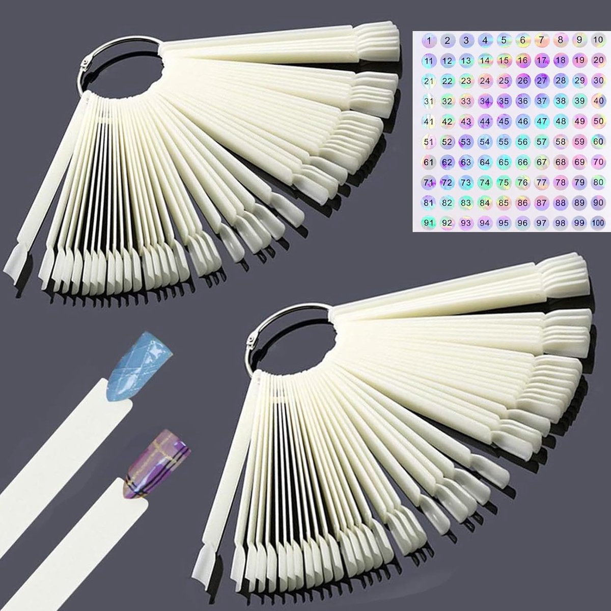 Tips ringstick, nagelmonsters waaiervormige nageldisplay stickers nail art tips nagelsalon oefeningen nageltips met de cijfers 1-100 (wit)