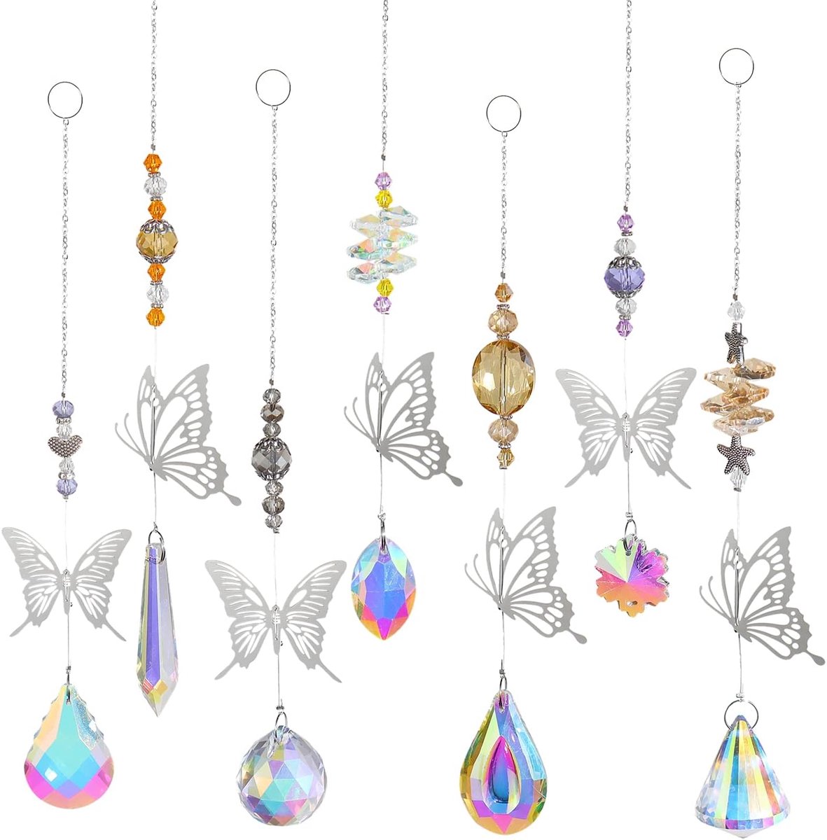 Zonnevanger, kristallen raam, 7 stuks, vlinderkristallen, hangers, decoratie, raamdecoratie, hangende kristallen zonnevanger, regenboog, kristallen, woondecoratie
