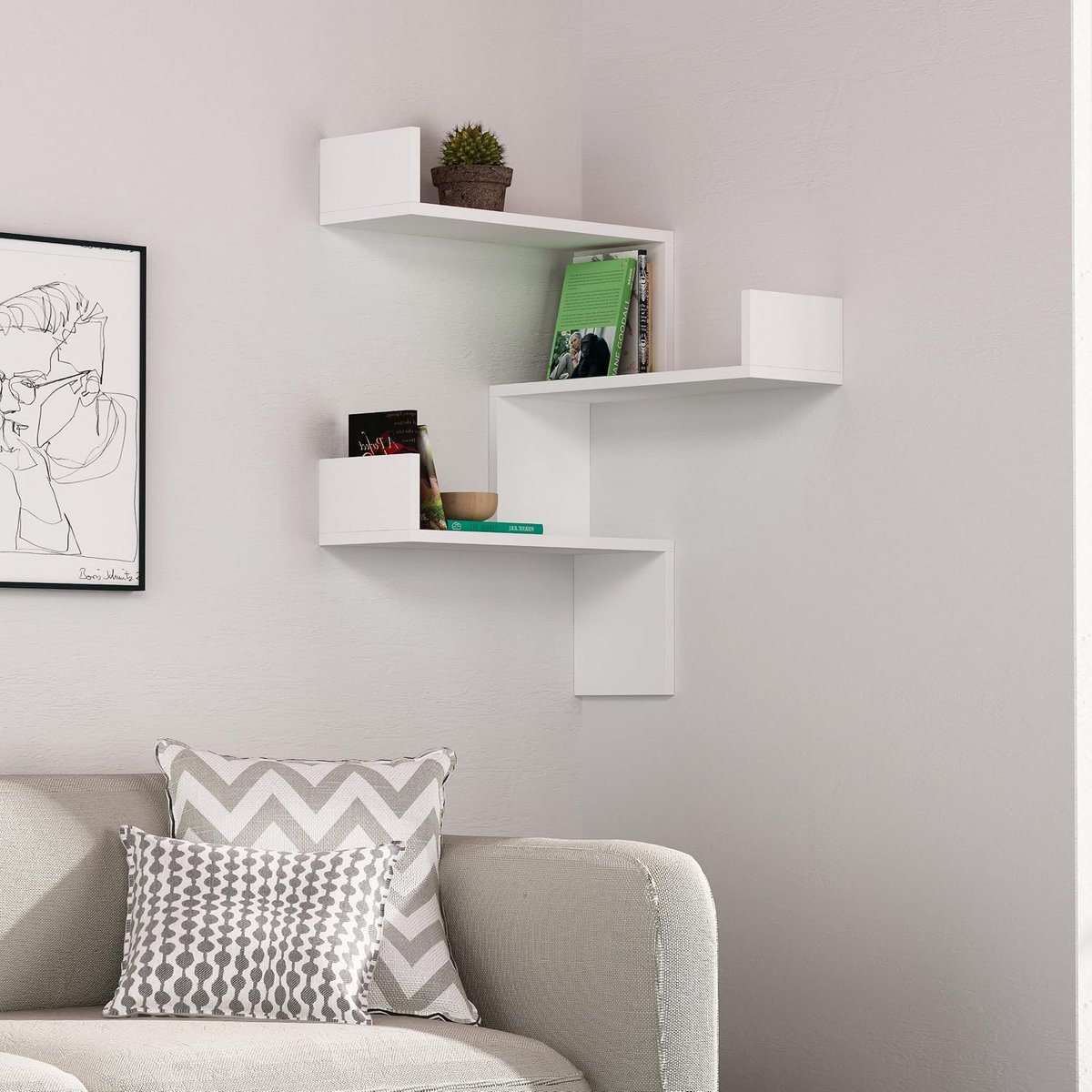 3-laags Hoekboekenplank voor Woonkamer, Kantoor en Meer – Eenvoudig te Monteren Hoekrek – 60 x 90 x 60 cm – Wit