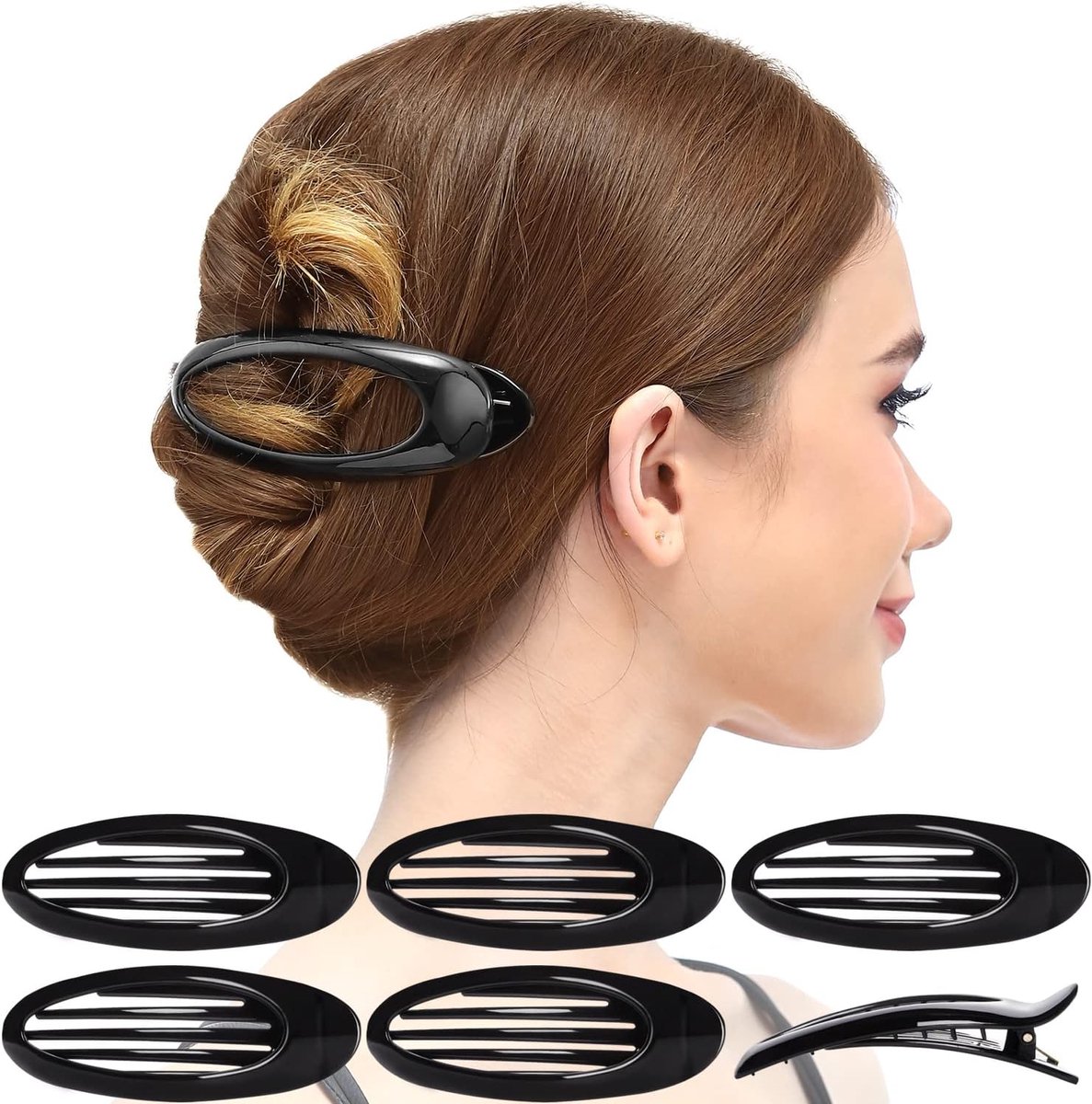 ROCHE ORNAMENT 6 stuks haarclip klassieke ovale zijopening glijbaan plastic curve platte kam binnenste tanden klem haarspeldje meisjes dames schoonheid accessoire grip, groot zwart