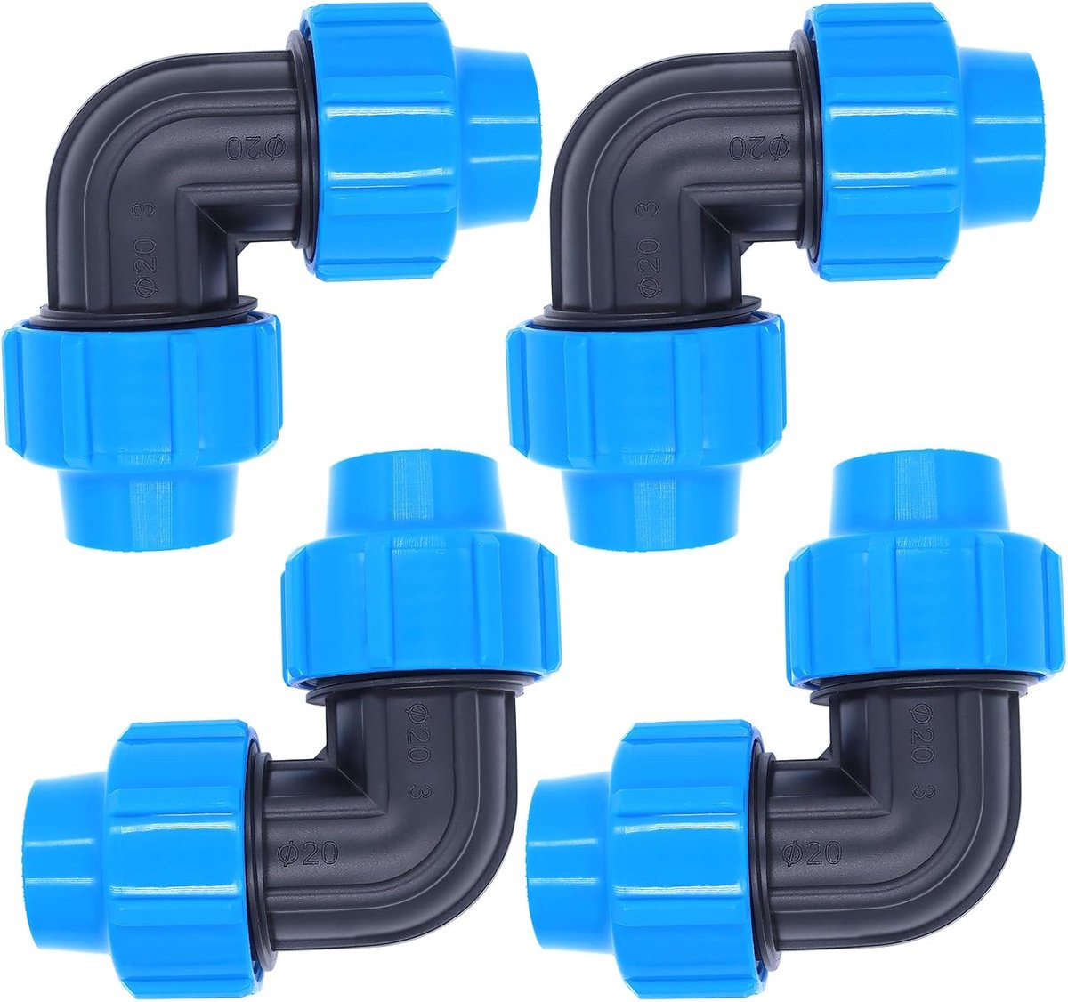 4 stuks PE-buizen, 20 mm, schroefverbinding, PP fittinghoek, 90 graden, klemverbinder, kunststof PP-koppeling voor PE80, PE100 buizen, binnen- en buiteninstallaties