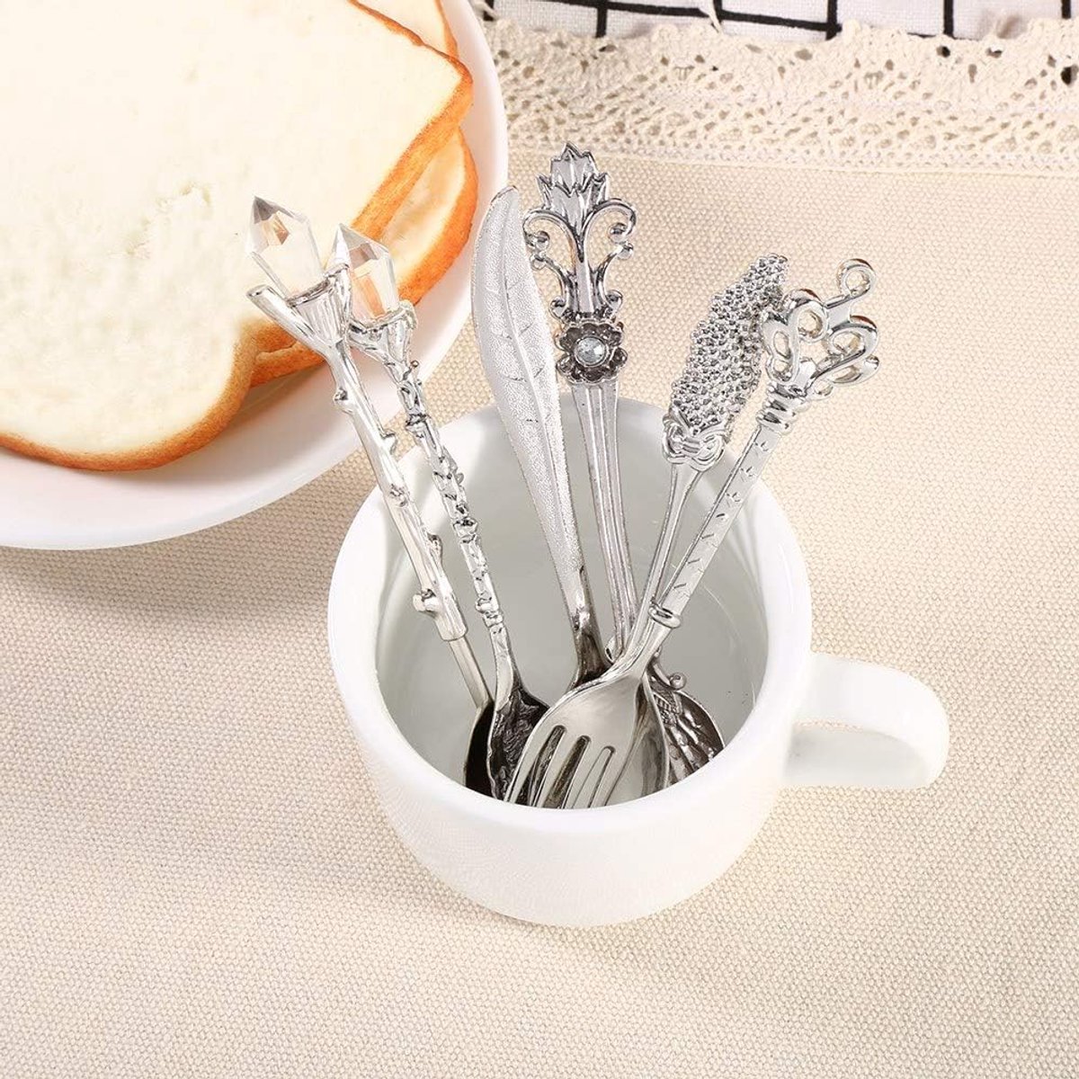 lepels vork set, 6 stuks familie serviesgoed retro koninklijke stijl goud zilver kleur antiek metalen set, koffie dessertlepel theelepel ijslepel(Zilver)