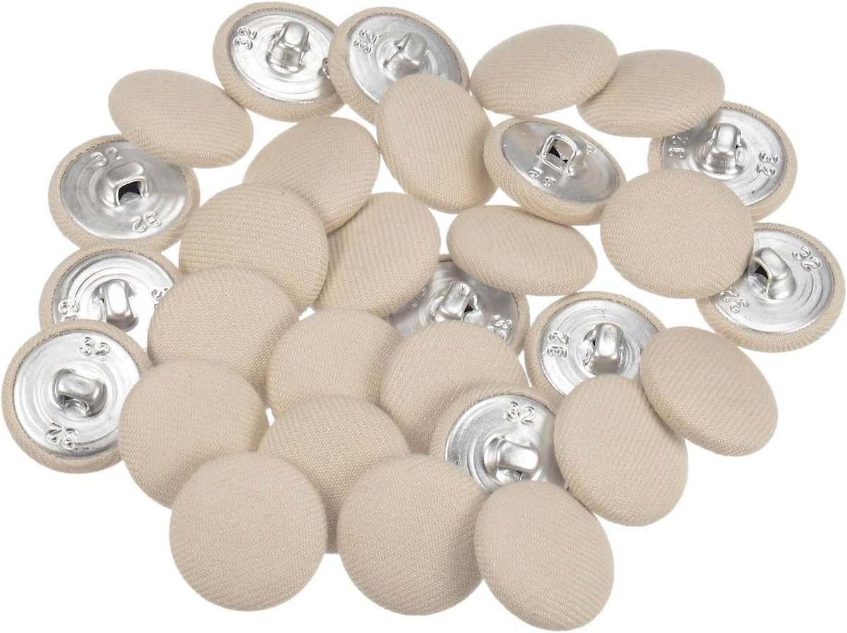 30 stuks 32 l met stof beklede knopen, 20 mm, ronde naaiknopen met metalen schacht voor kleding, jurken, blouses, jeans, accessoires om te naaien, elegant, beige