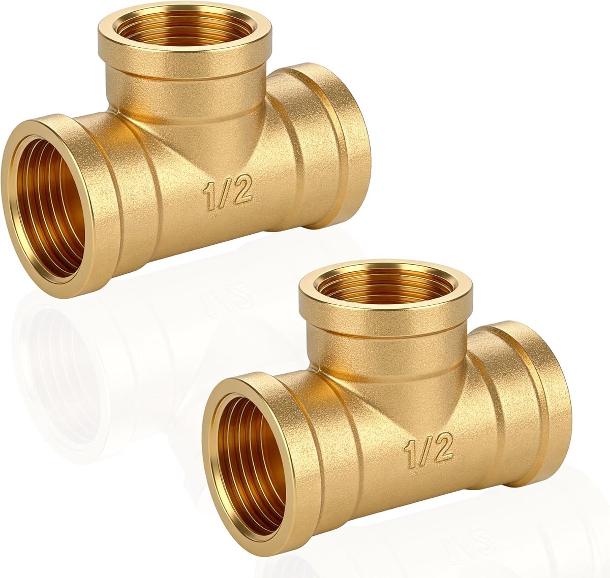 90° G1/2-inch binnendraad messing, messing T-stuk G1/2-inch (diameter 19,5 mm), binnendraad, DN15, aftakking verdeelblok, geschikt voor drinkwater, 2 stuks