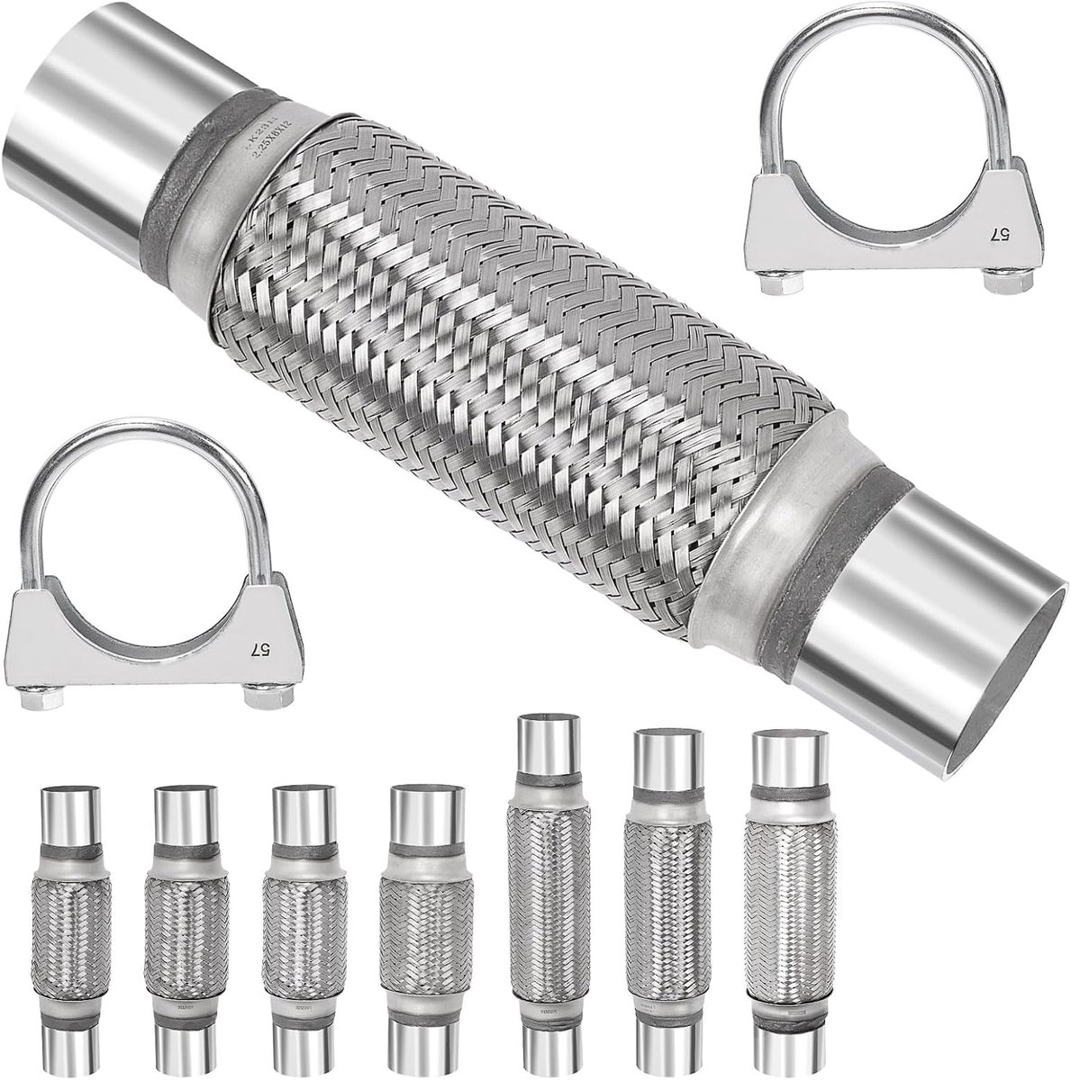 3-delige 2,25 X 8 inch uitlaat flexibele buis met 2,2 inch uitlaat U-klemset, universele roestvrijstalen dubbelgevlochten uitlaat flexibele buis ideaal voor heavy-duty en auto's
