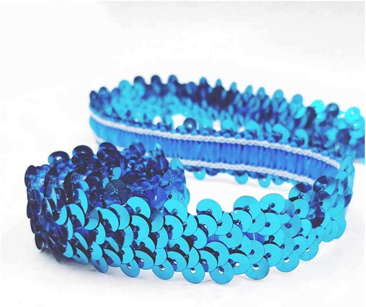 elastisch, 2 cm breed, paillettenband, 2 rijen, paillettenboord, stoffen band voor doe-het-zelf naaien, kleding, handwerk, decoratie, blauw meer