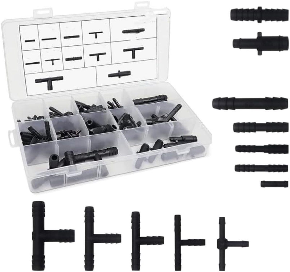 Slangverbinderset, 113 stuks slangverbinders, universeel T-stuk, recht verloopstuk, slangschroefverbindingen, voor tuinen, slangen, irrigatieaansluiting (zwart)