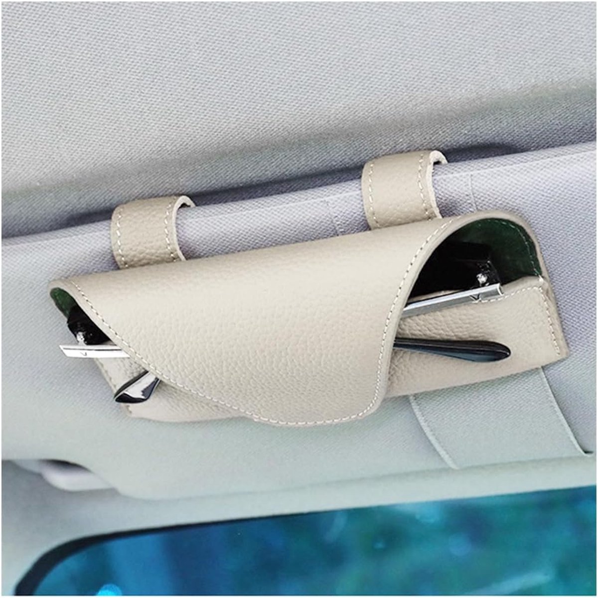 Lederen Zonneklep Houder Clip Brillen Organizer Accessoire voor Alle Automodellen Mannen Vrouwen, Multifunctionele Zonneklep Zacht Lederen Brillenorganisator (Wit)