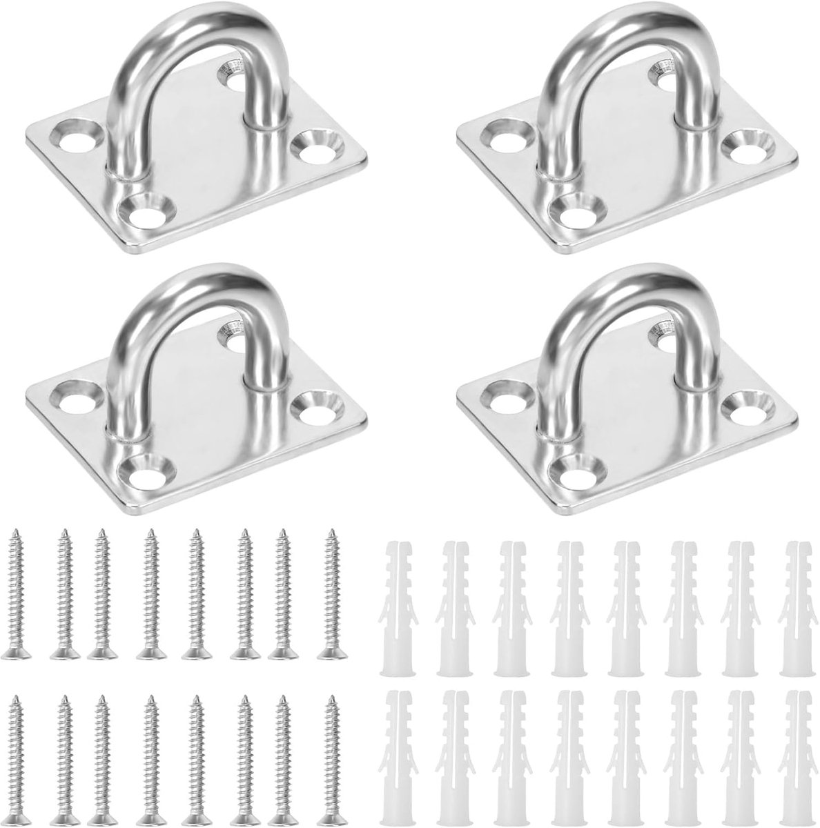 4 stuks M8 304 roestvrij staal zilver vierkante pad oogplaat haak met schroeven en plastic ankers assortiment kit, Marine hardware haken plafond U haak nietring haken voor het bevestigen