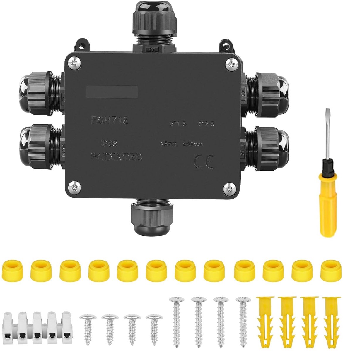waterdicht IP68, 6-weg verdeeldoos voor buiten, opbouwkabelverbinder, verbindingsdoos buiten, aardkabel, klemdoos, kabelconnector voor Ø 4-14 mm kabeldiameter, zwart