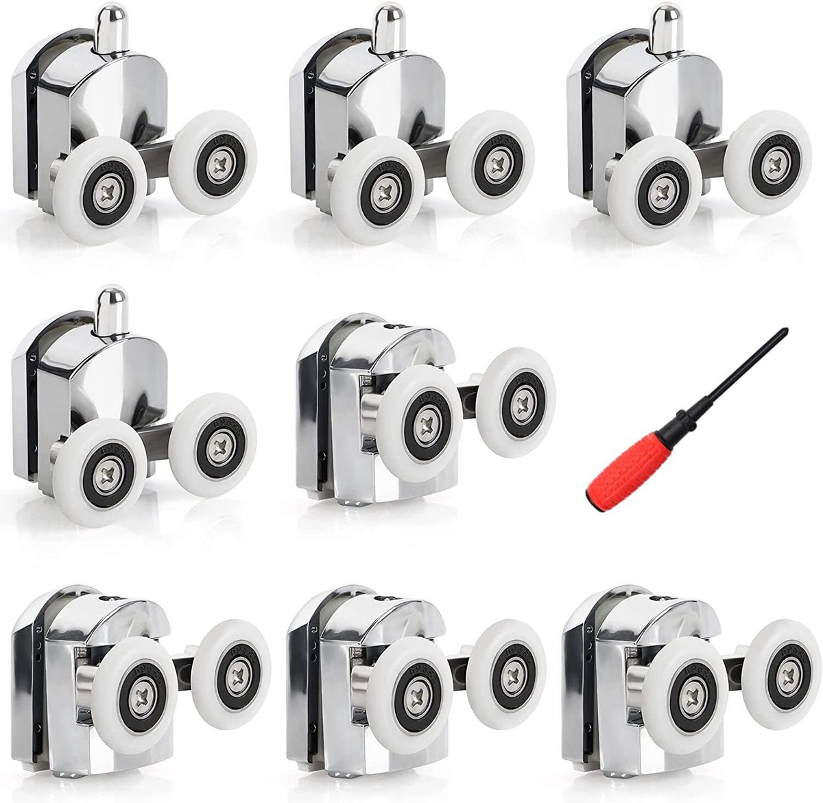 Set met 25 mm douchedeurrollen, boven en onder (4 boven en 4 onder) (dubbele 25 mm-8 stuks)
