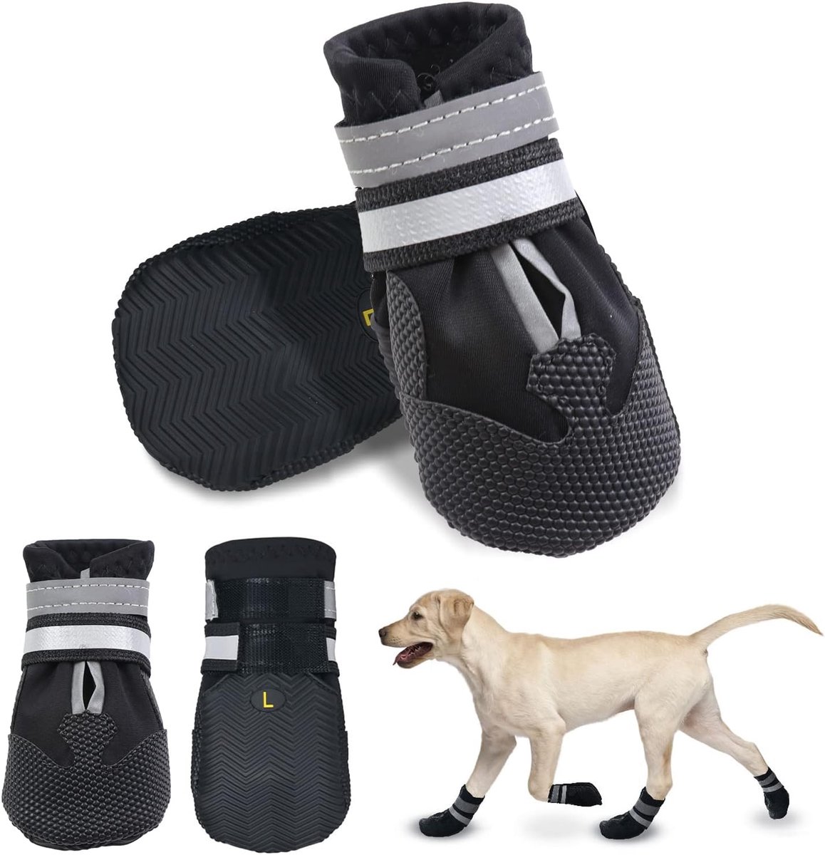 Schoenen, 4 stuks, pootbescherming, hondenschoenen met antislipzool, reflecterende riem voor kleine, middelgrote en grote honden (zwart) (L)