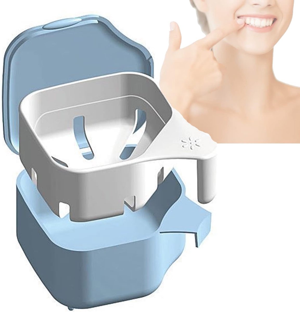 Opbergdoos met Reinigingsbad, Hygiënische Dubbelfunctie Container voor Gebitsprothese, Beugel en Mondbeschermer, Blauw en Wit