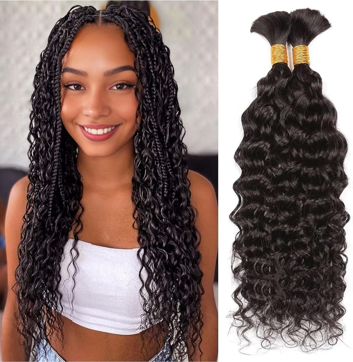 Braiding Hair 2 Bundles 100g Water Wave Bulk Human Hair for Braiding Water Wave Braid Human Hair Bulk Virgin Hair for Boho Braids Wet and Wavy Natural Color 20inch 100g (1Pack-2PCS)
