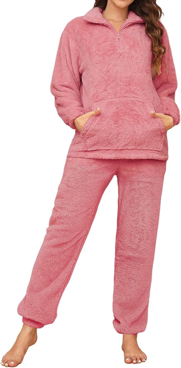 Pyjama voor dames, winter, fleece, pyjamaset met zakken en ritssluiting, nachtkleding, jumpsuit, pyjama, warm en zacht, flanel, meisjes, Kerstmis, loungewear, slaapkleding