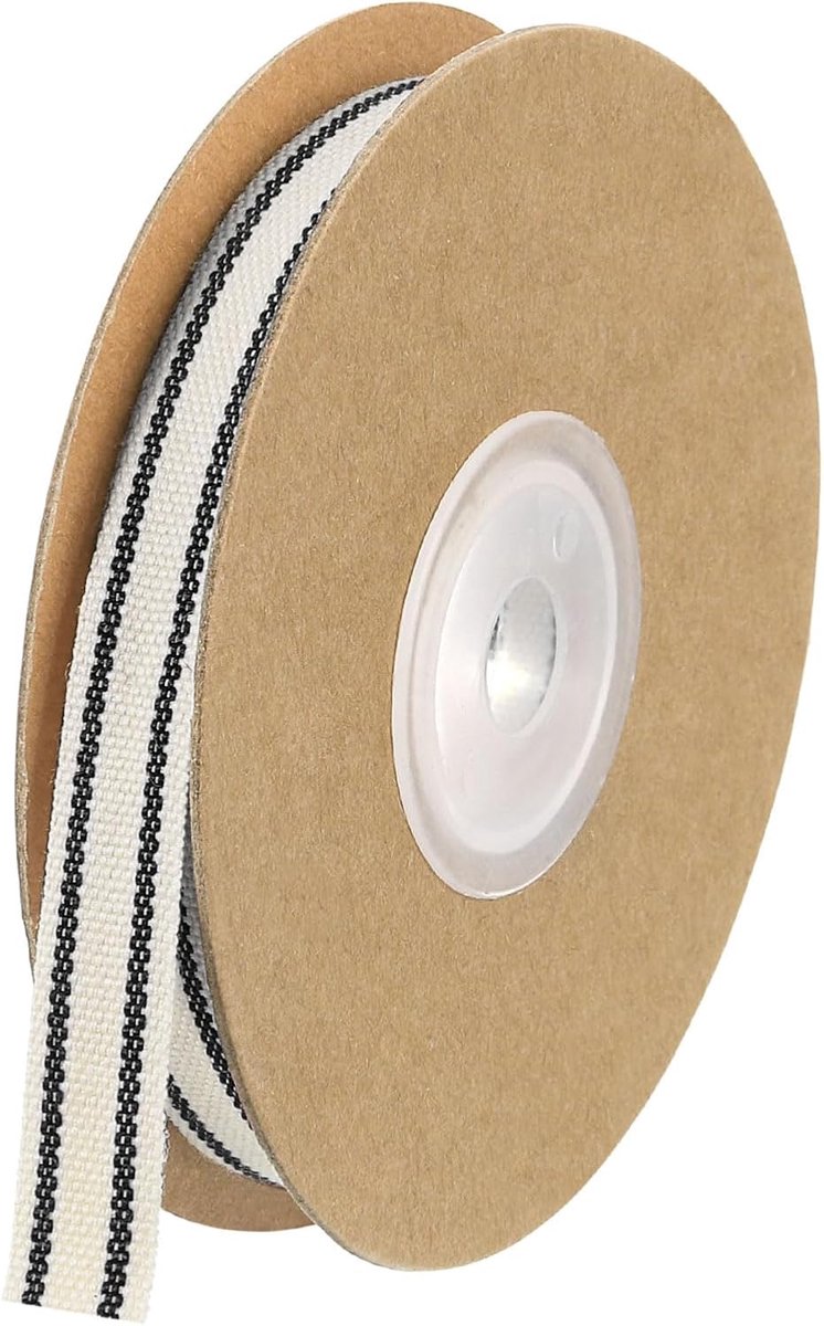 Natuurlijk katoenen lint met strepen, 1 cm x 9,1 m, natuurlijke rol, met zwart ripslint voor geschenken, doe-het-zelf verpakking, kunsthandwerk, strik, thuiscreatie