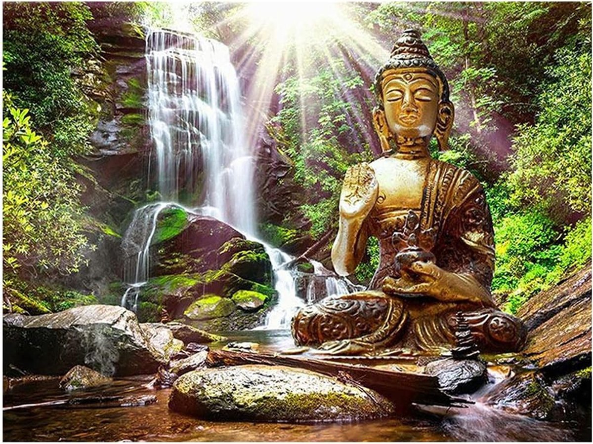 5D Diamant Schilderij Vierkant 50x40cm Diamond Painting Square Diamond Foto's Groot Boeddha Meditatie Waterval DIY Afbeeldingen Schilderen op Nummer Volwassenen Knutselen op Nummers Kruissteek Decor