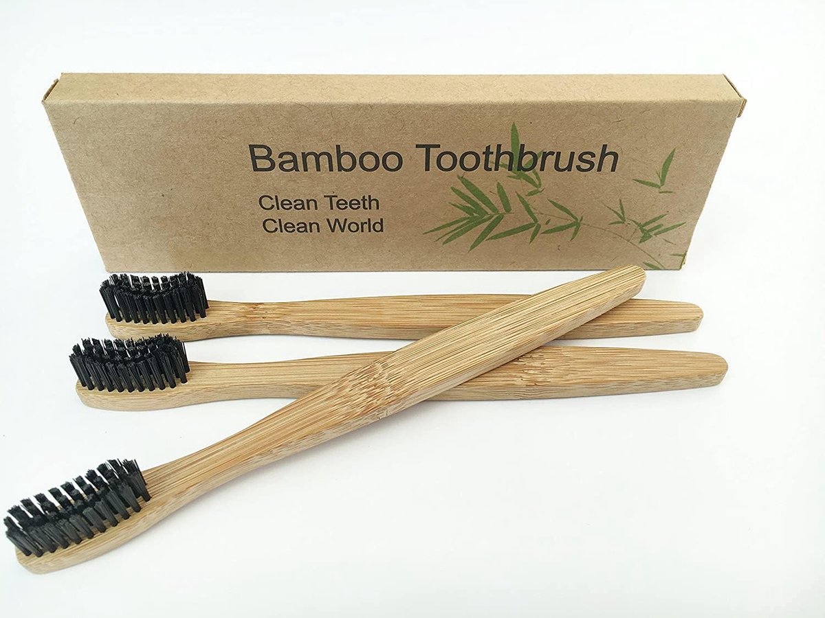 3-delige set met bamboehouten handvat en bamboe-actieve koolborstelborstelharen, 100% recyclebaar, milieuvriendelijk